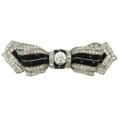 French Art Deco Black Onyx, Diamond & Platinum Bow Brooch