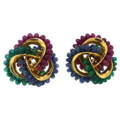S. Schepps Ruby, Emerald & Sapphire Beads & Gold Clip Earrings