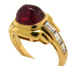 Bulgari Cabochon Ruby, Diamond Baguettes & Yellow Gold Ring