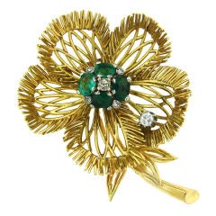 Vintage c.1950s Diamond Emerald Yellow Gold Flower Brooch Pin by Mellerio