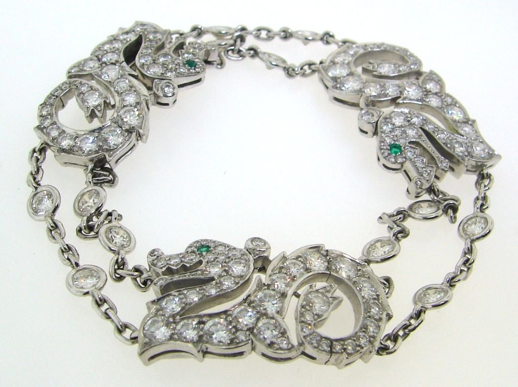 Cartier Diamond, Emerald & 18k White Gold Dragon Bracelet