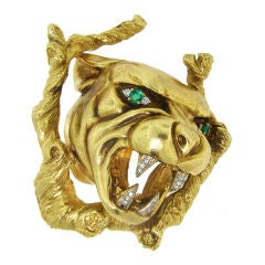 Vintage Extravagant Emerald, Diamond & Yellow Gold Panther Pin / Buckle