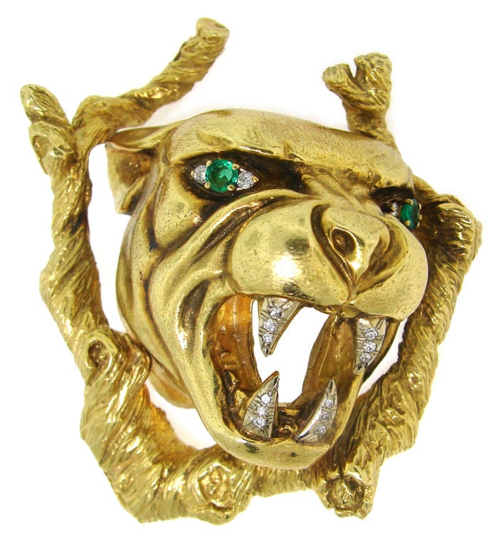 Extravagant Emerald, Diamond & Yellow Gold Panther Pin / Buckle