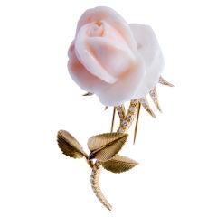 Lovely 18kt. Carved Coral Rose Brooch