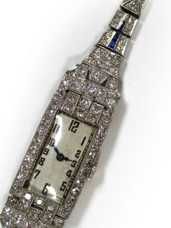 Women's Art deco diamond, sapphire & platinum wrist watch For Sale