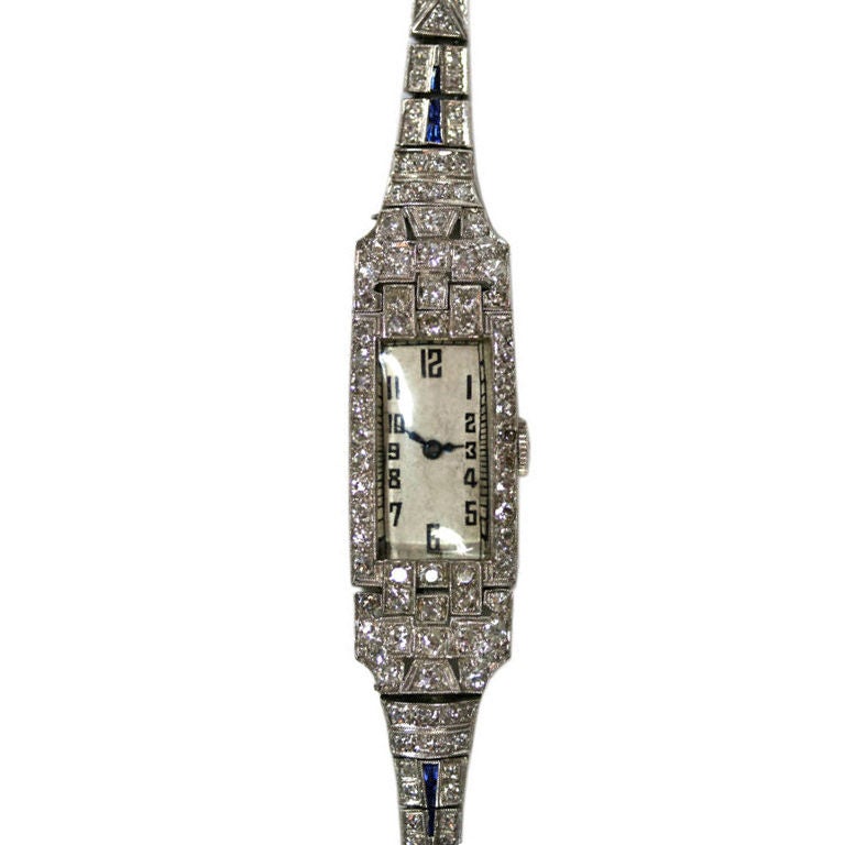 Art deco diamond, sapphire & platinum wrist watch For Sale