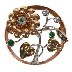 Tiffany emerald and diamond flower-motif brooch