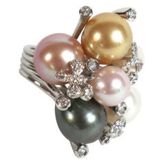 Multicolor natural pearl & diamond ring