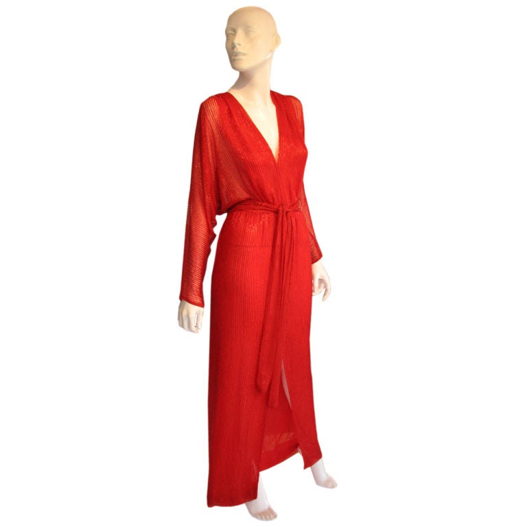 1970s HALSTON Red Crystal Bugle Beaded Silk Belted Gown at 1stDibs