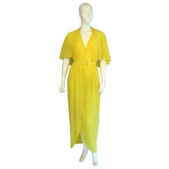 1970s HALSTON Yellow Crepe Open Back Wrap Gown
