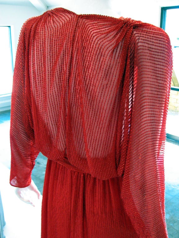 1970s HALSTON Red Crystal Bugle Beaded Silk Belted Gown 1