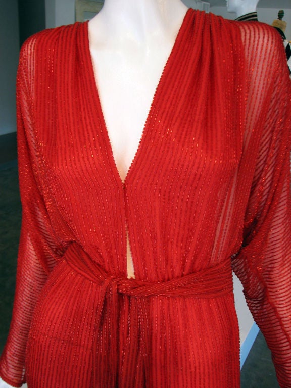 Women's 1970s HALSTON Red Crystal Bugle Beaded Silk Belted Gown