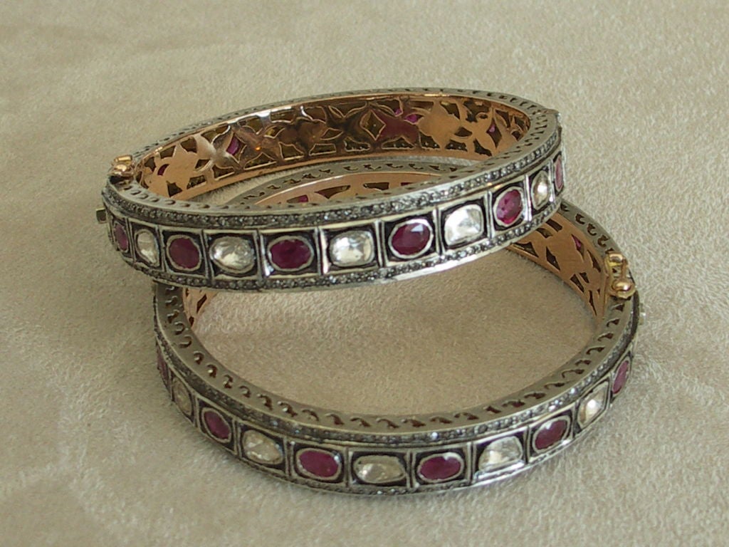 Rose Cut Diamond And Ruby Hinged Bangles