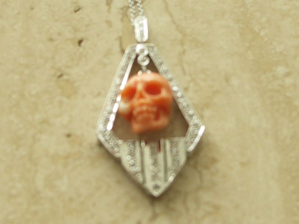 Art Deco Style  Coral Skull Pendant 1