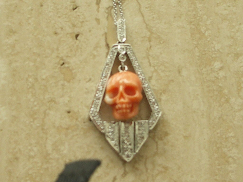 Art Deco Style  Coral Skull Pendant 3