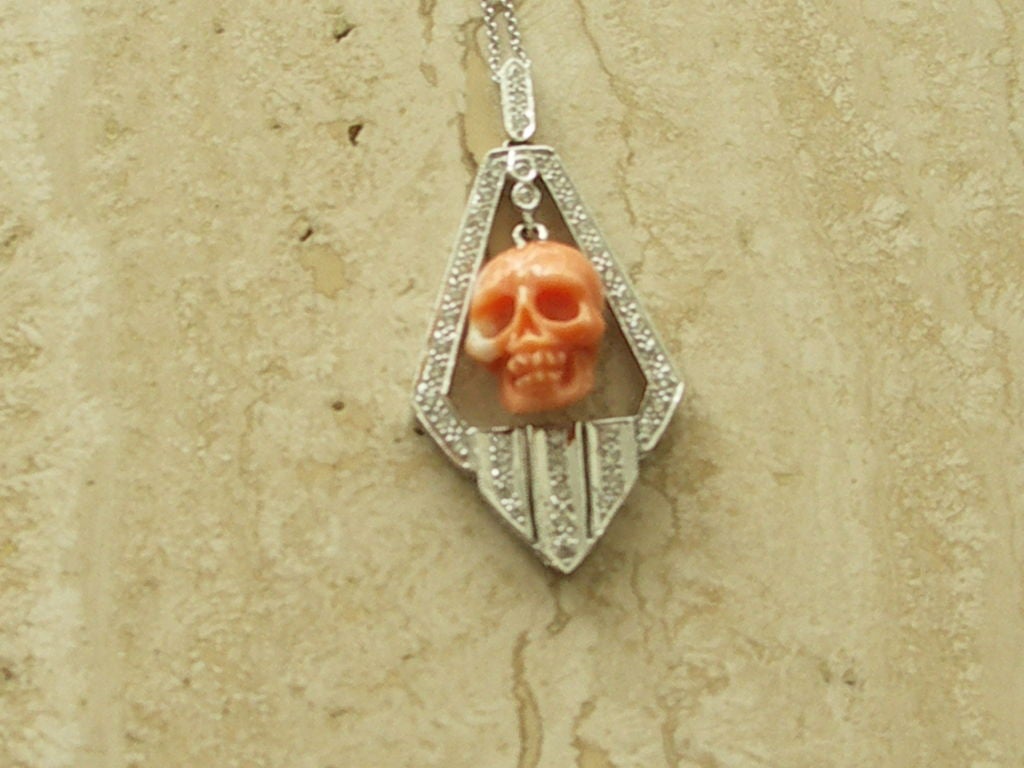 Women's Art Deco Style  Coral Skull Pendant