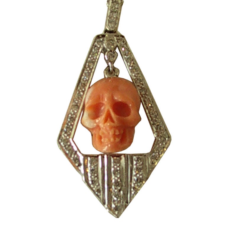 Art Deco Style  Coral Skull Pendant