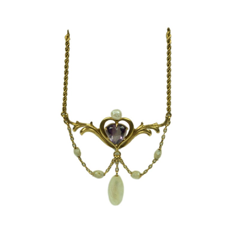 VICTORIAN 10K AMETHYST & PEARL LAVALIER NECKLACE For Sale