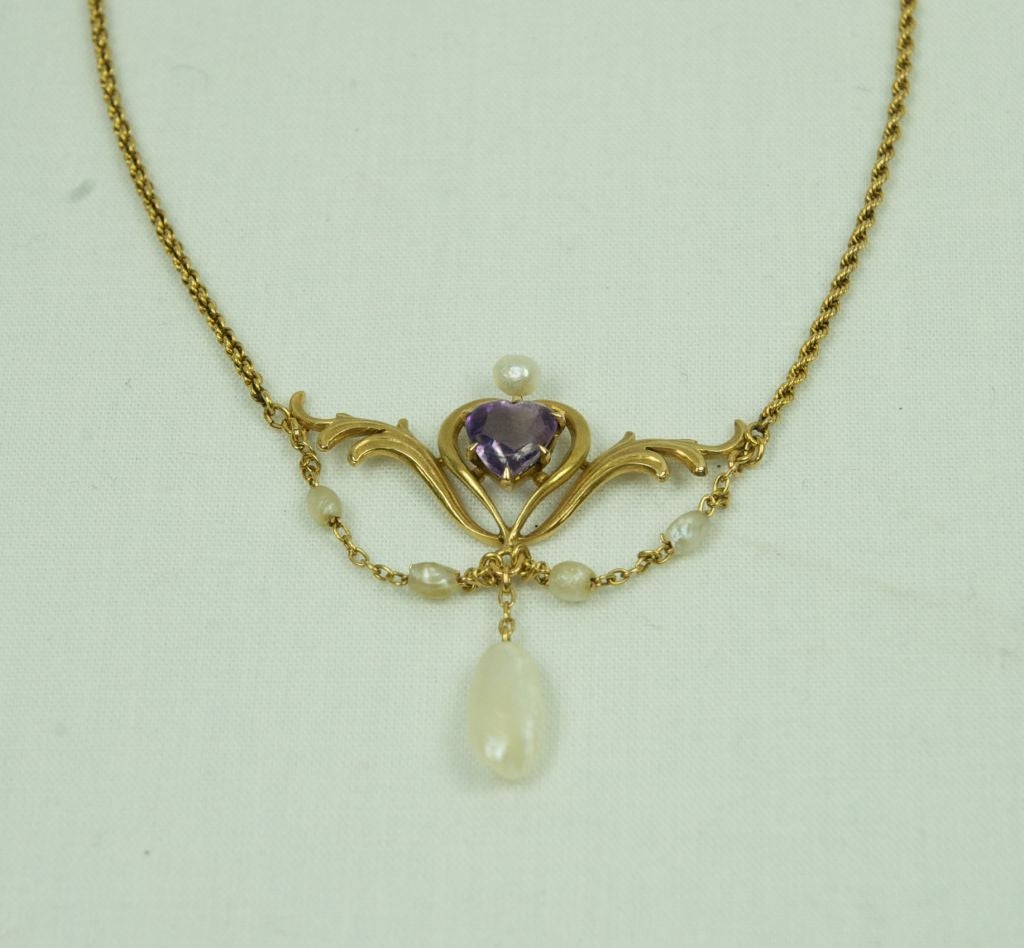 Victorian VICTORIAN 10K AMETHYST & PEARL LAVALIER NECKLACE For Sale