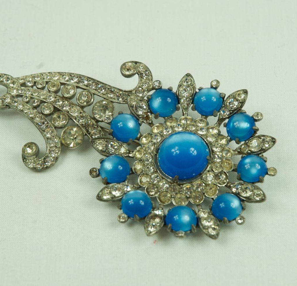 VINTAGE ART DECO GRAND HUGE FLOWER BLUE & RHINESTONE BROOCH