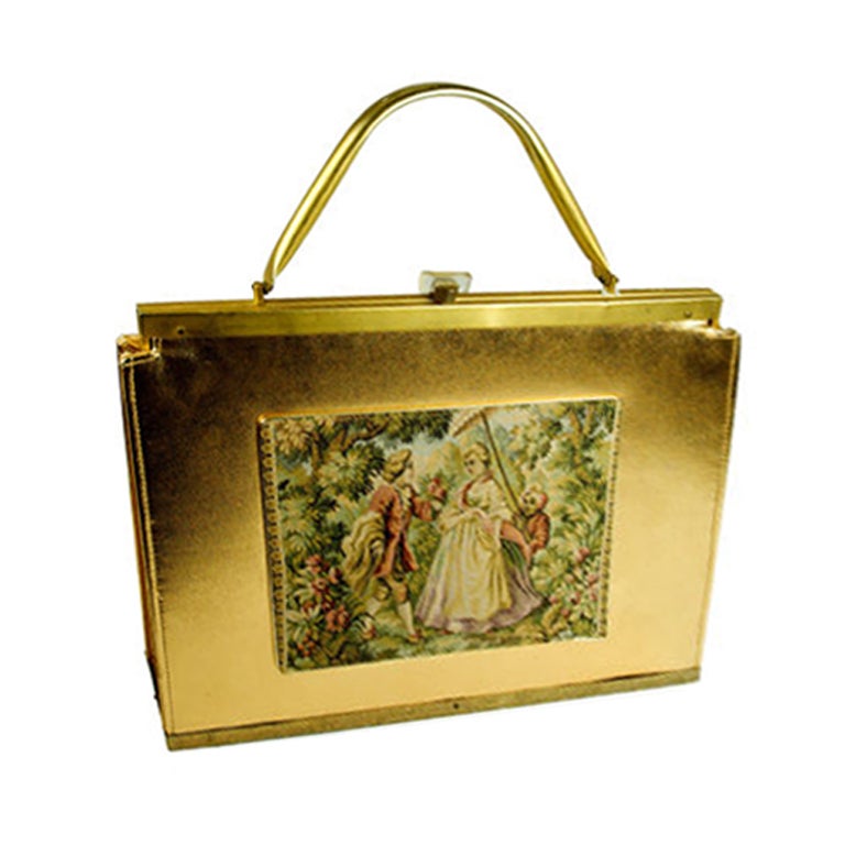 VINTAGE HUGE GOLD METALLIC FRENCH COURTING TAPESTY HAND BAG For Sale
