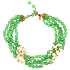Miriam Haskell Four Strand Faux Pearl & Jade Glass Necklace