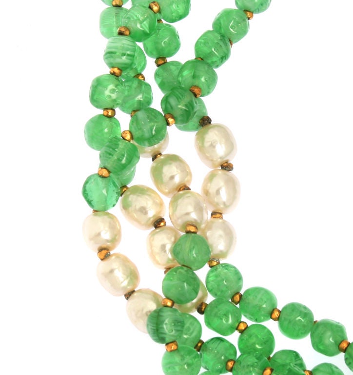 Miriam Haskell Four Strand Faux Pearl & Jade Glass Necklace In Excellent Condition In Chicago, IL
