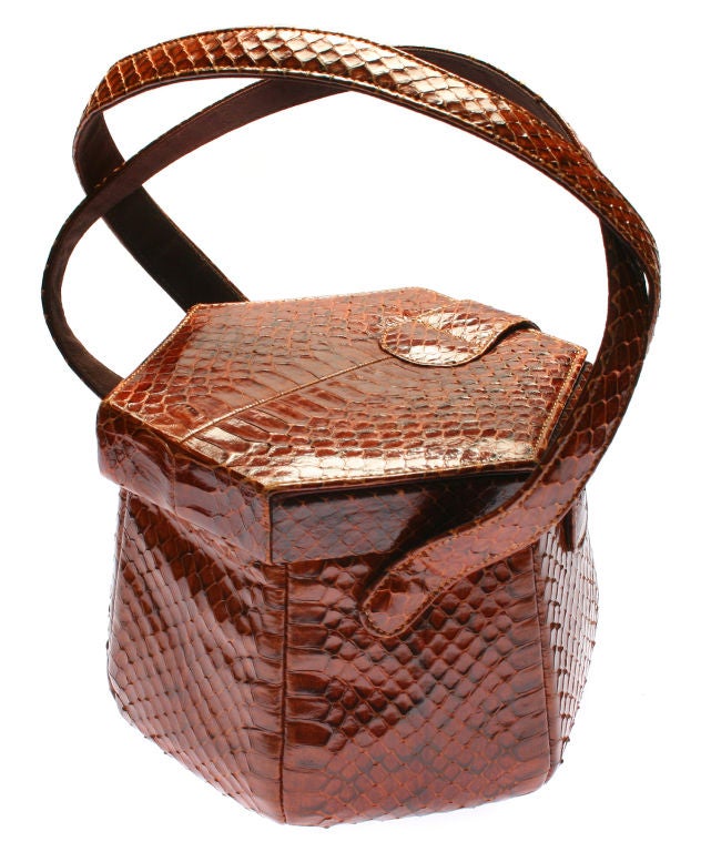 1940's Brown Python Architectual  Handbag In Excellent Condition In Chicago, IL