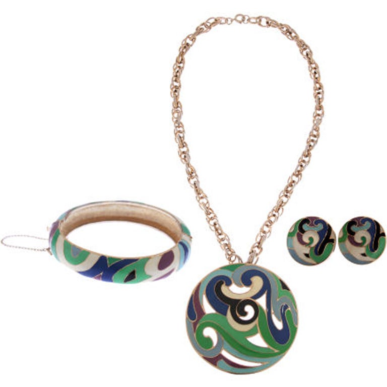 Mod  Pucci Style Enameled Necklace, Bracelet and Earrings
