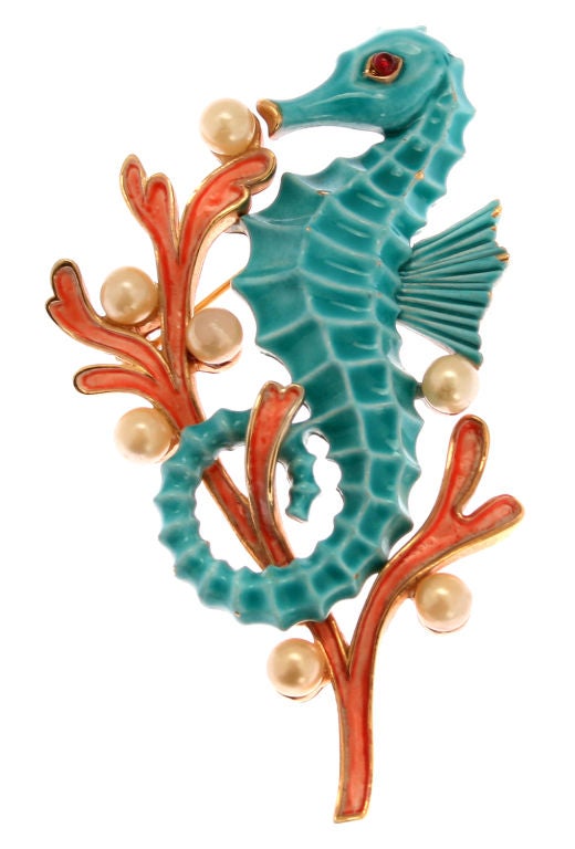 Crown Trifari Enameled Sea Horse Pin