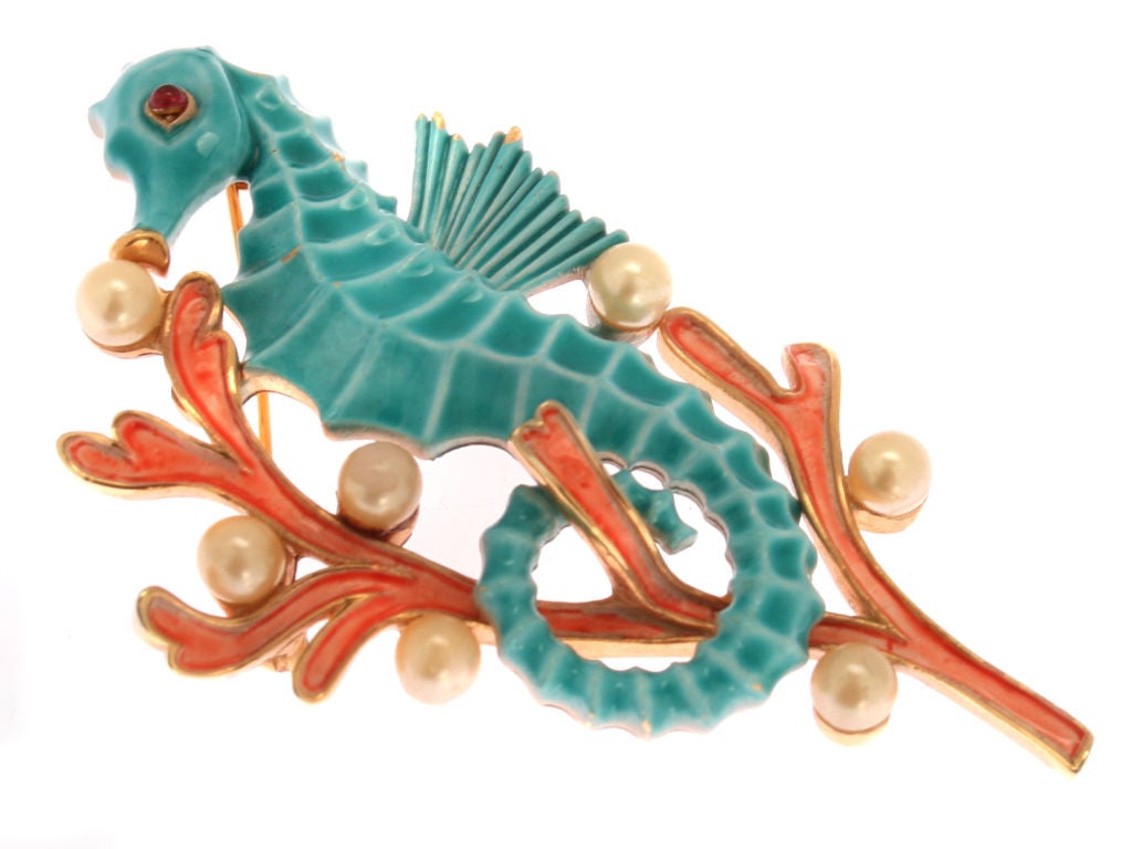 Crown Trifari Enameled Sea Horse Pin