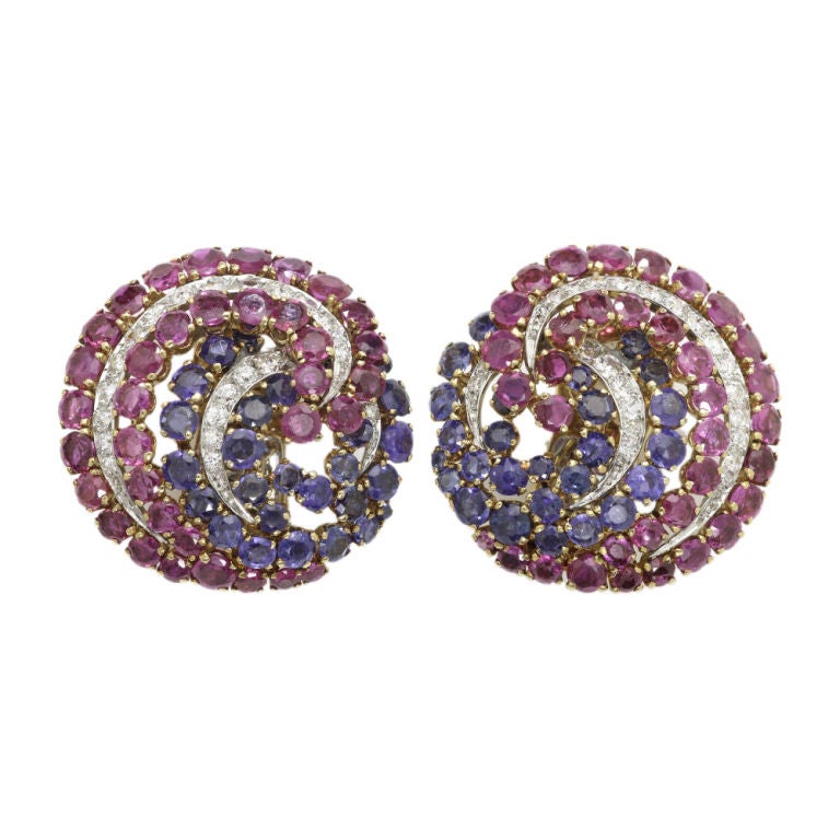 Burma Ruby, Sapphire  and Diamond Swirl Earrings For Sale