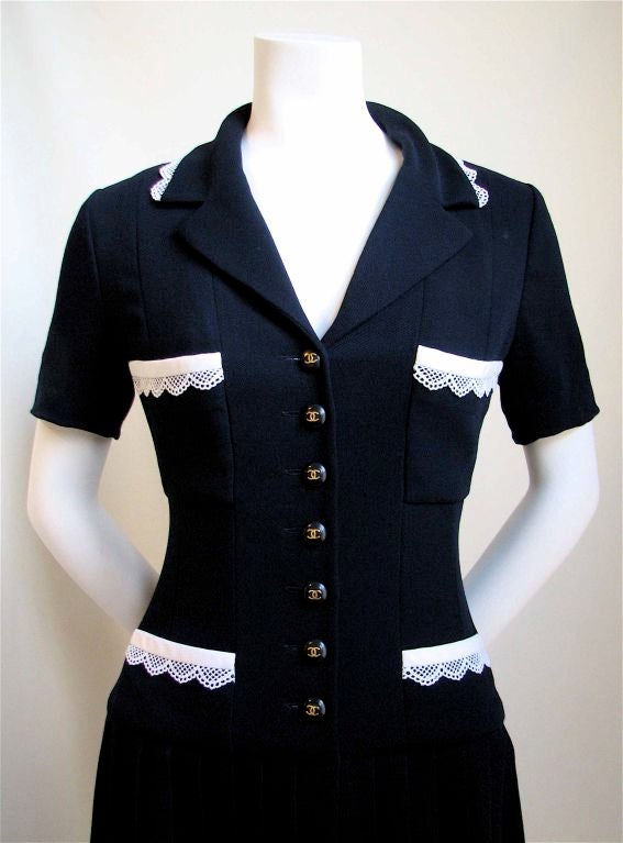 Women's CHANEL navy and white mini dress with lace trim