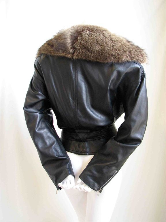 THIERRY MUGLER leather motorcycle jacket with wolf fur trim