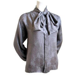 YVES SAINT LAURENT steel grey jacquard silk blouse with long ties