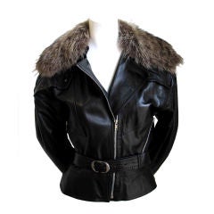 THIERRY MUGLER leather motorcycle jacket with wolf fur trim