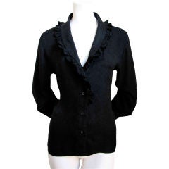 Vintage YVES SAINT LAURENT black silk jacquard blouse with frill trim
