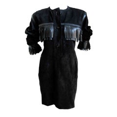 Vintage YVES SAINT LAURENT black suede fringed minidress - 1987