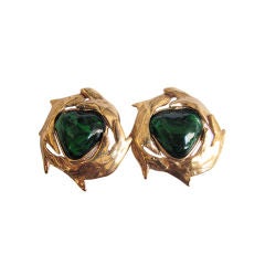 YVES SAINT LAURENT emerald green poured glass heart earrings