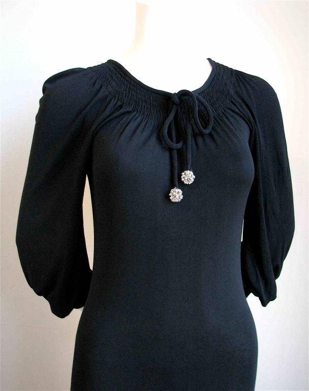 HALSTON black silk jersey gown with ruched neckline
