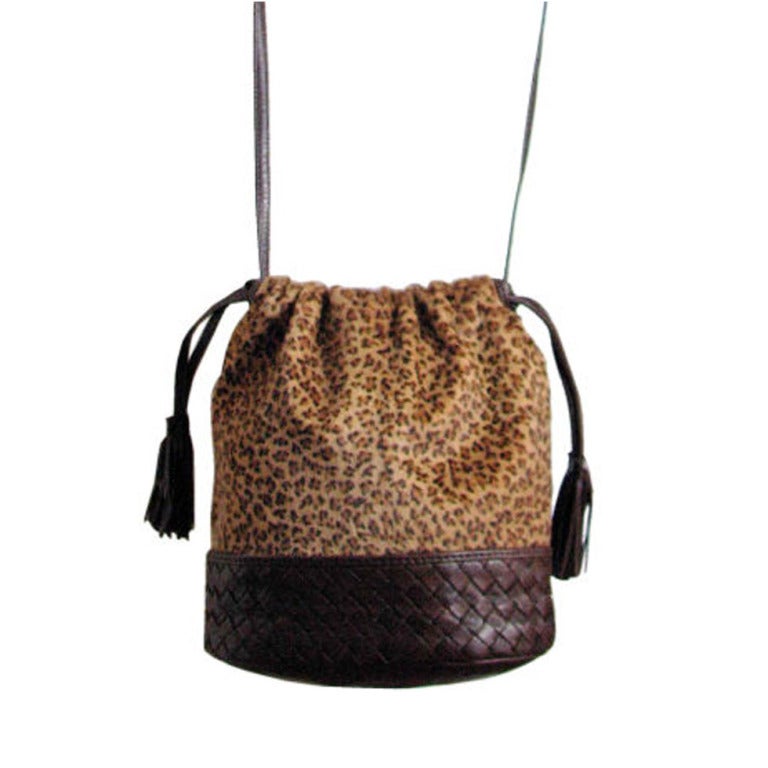 BOTTEGA VENETA 
leopard
 pony skin 
woven leather bucket bag