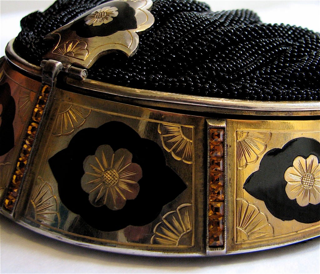 Women's 1920's FRENCH beaded clutch with enameled and etched gilt frame