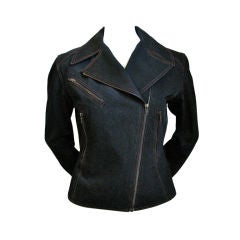 Vintage AZZEDINE ALAIA black denim motorcyle jacket with corset back