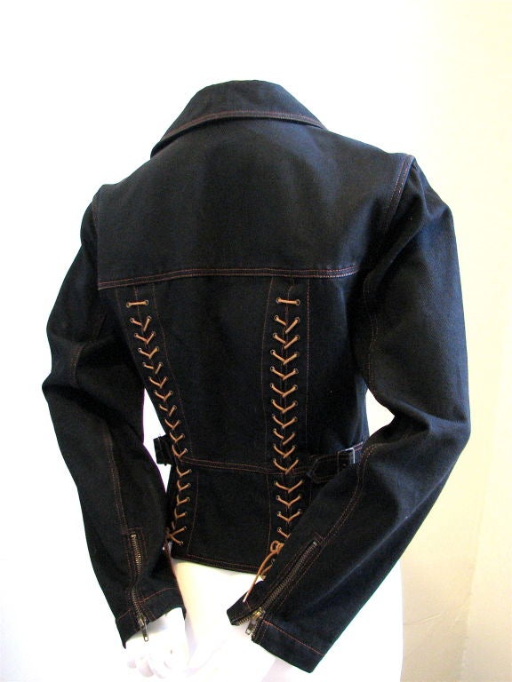 AZZEDINE ALAIA black denim motorcyle jacket with corset back