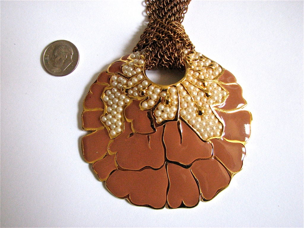 Massive LANVIN PARIS enameled & gilt pendant on mesh chain
