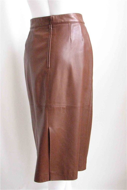 Softest leather imaginable. Rich chocolate brown color. Very flattering wide waistband.  Labeled a size 44 but best for a US 8-10. Waist 32
