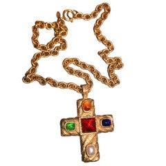 CHANEL Vintage Gold Chain Gripoix Cross Pendant Necklace