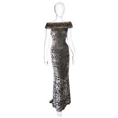 BADGLEY MISCHKA Grey Devore Evening Gown Mink Collar
