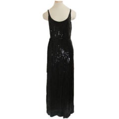 Halston 1970s Black Sequined Sleeveless Evening Dress with Sash