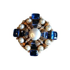 CHANEL Vintage Gold Faux Pearl Blue Gripoix Pendant Brooch